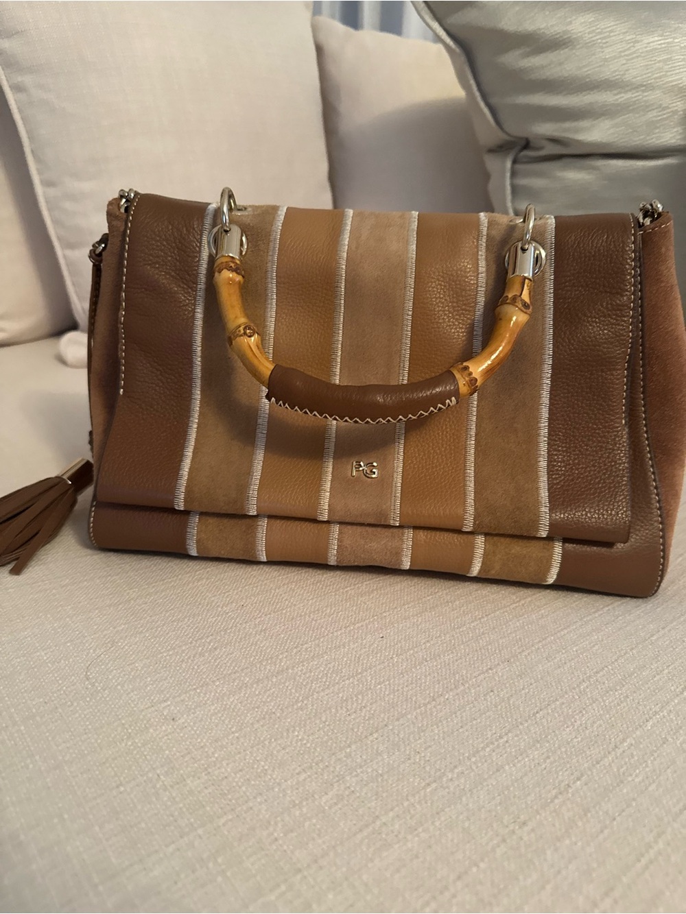 PURIFICACION GARCIA Leather Top-Handle Shoulder Bag in Brown and Tan